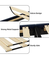 gaomon Queen Upholstered Platform Bed Wingback Headboard Velvet 2 Storage Pockets Wooden Slat Support Box Spring Optional