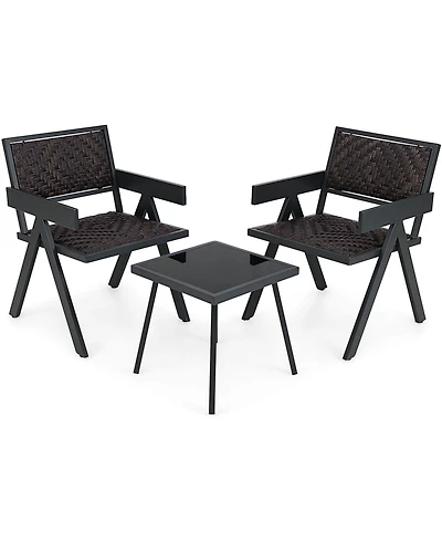 3 Pcs Patio Wicker Chair Set, Rattan Furniture Set with Quick Dry Foam Padding