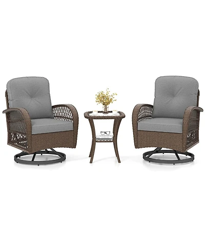 3 Pcs Patio Swivel Rocker Set Gliding Bistro Furniture Set with Tempered Glass Table