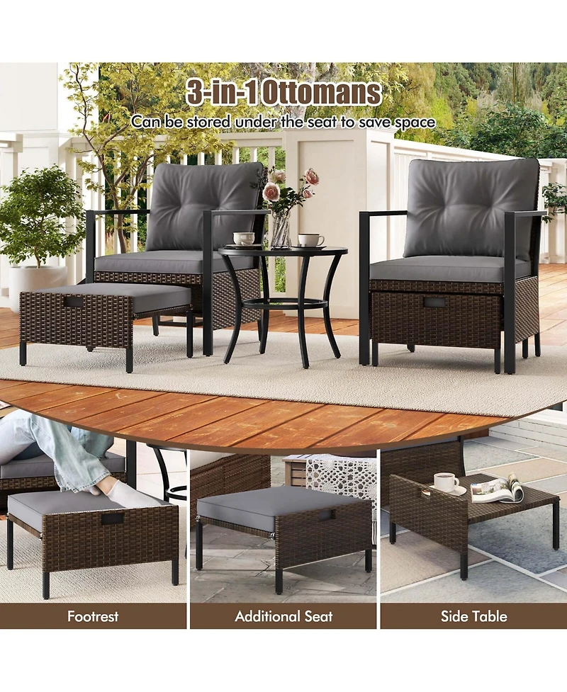 5 Pcs Outdoor Furniture Set Rattan Chairs & Ottomans with Glass Topped Coffee Table