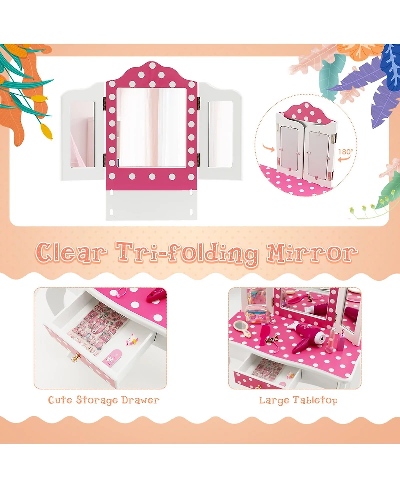 Costway Kid Vanity Set Wooden Makeup Table Stool Tri-Folding Mirror