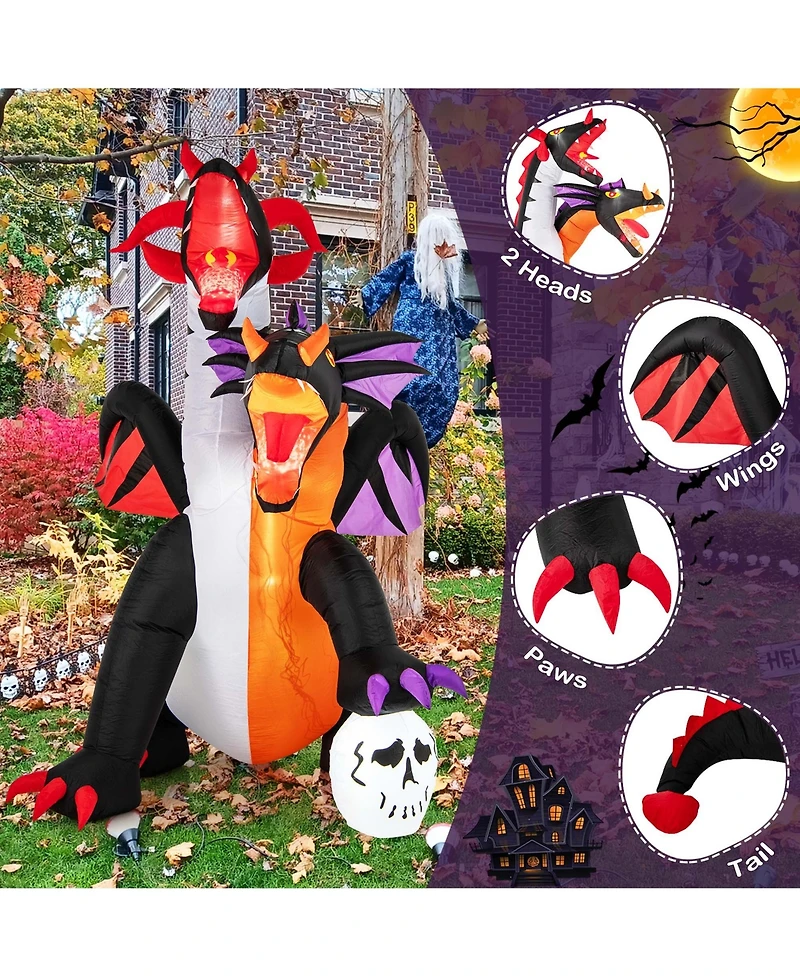 8 Ft Inflatable Twin-Headed Dragon Decoration Giant Halloween Inflatables with 5 Led Lights 4 Flashing Lights & 2 Disco Lights