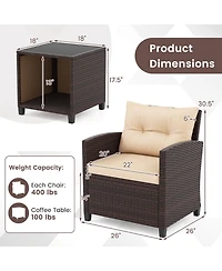 3 Pcs Patio Sofa Set with Cushions & Tempered Glass Tabletop for Backyard