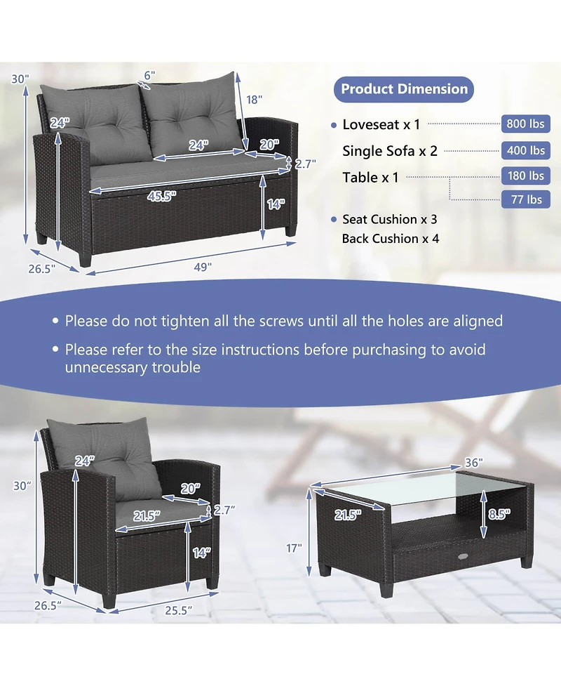 Pcs Patio Rattan Furniture Set Glass Table Shelf Sofa Cushion