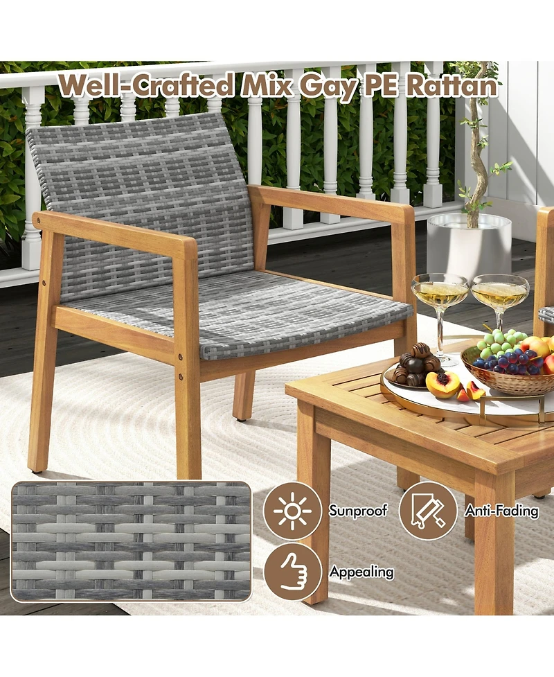 Costway 3 Pcs Outdoor Furniture Set, Acacia Wood Frame Sofa Set with Rattan Seat