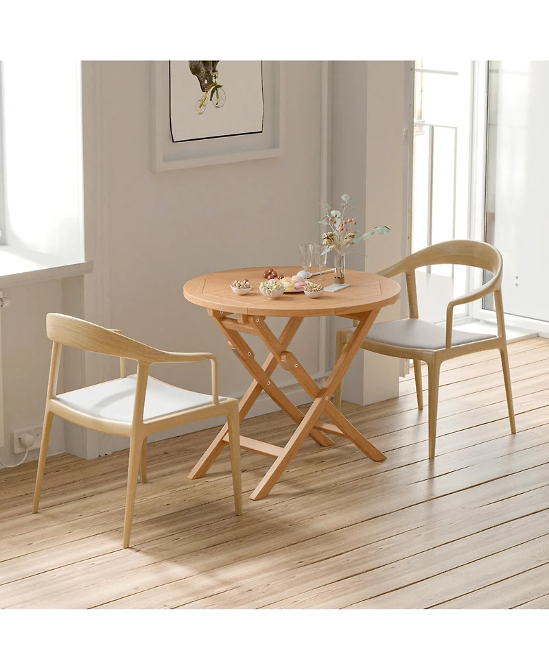 Costway 31.5'' Patio Round Folding Dining Table Solid Indonesia Teak Wood Natural Outdoor Portable