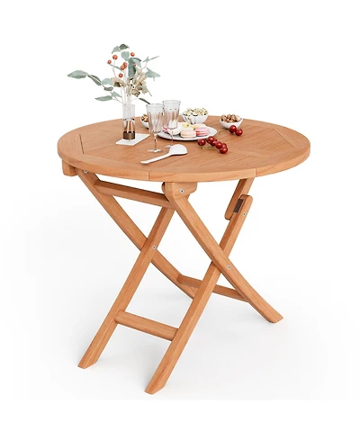 Costway 31.5'' Patio Round Folding Dining Table Solid Indonesia Teak Wood Natural Outdoor Portable