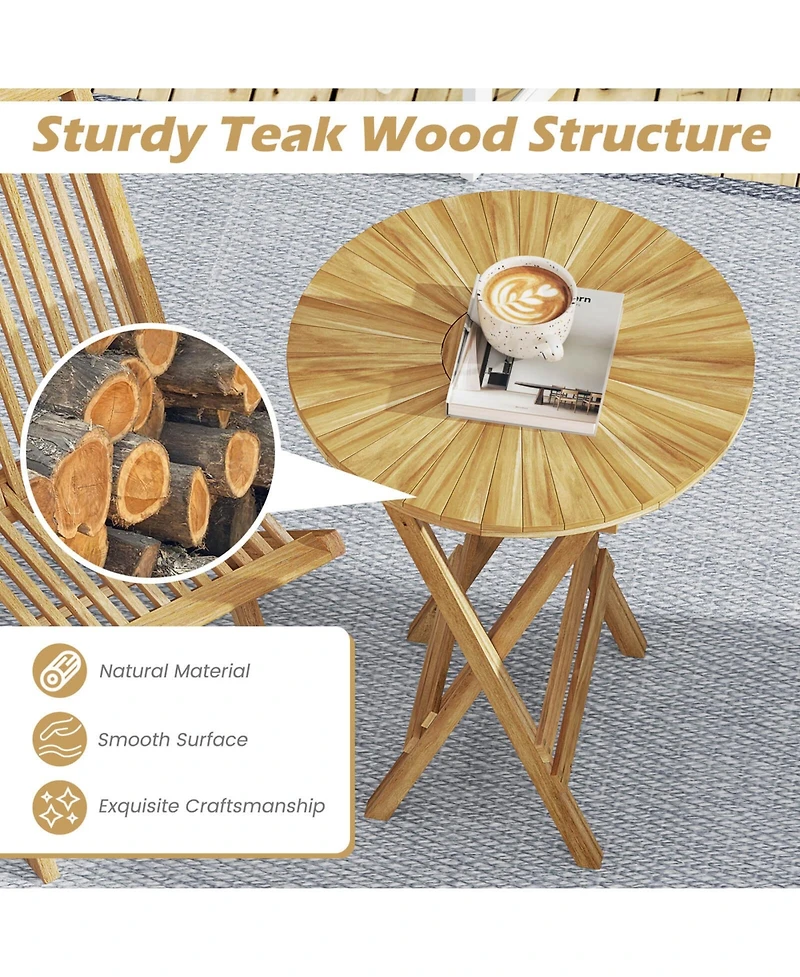 3 Pcs Folding Patio Bistro Set Teak Wood Round Table and Chairs Furniture Set