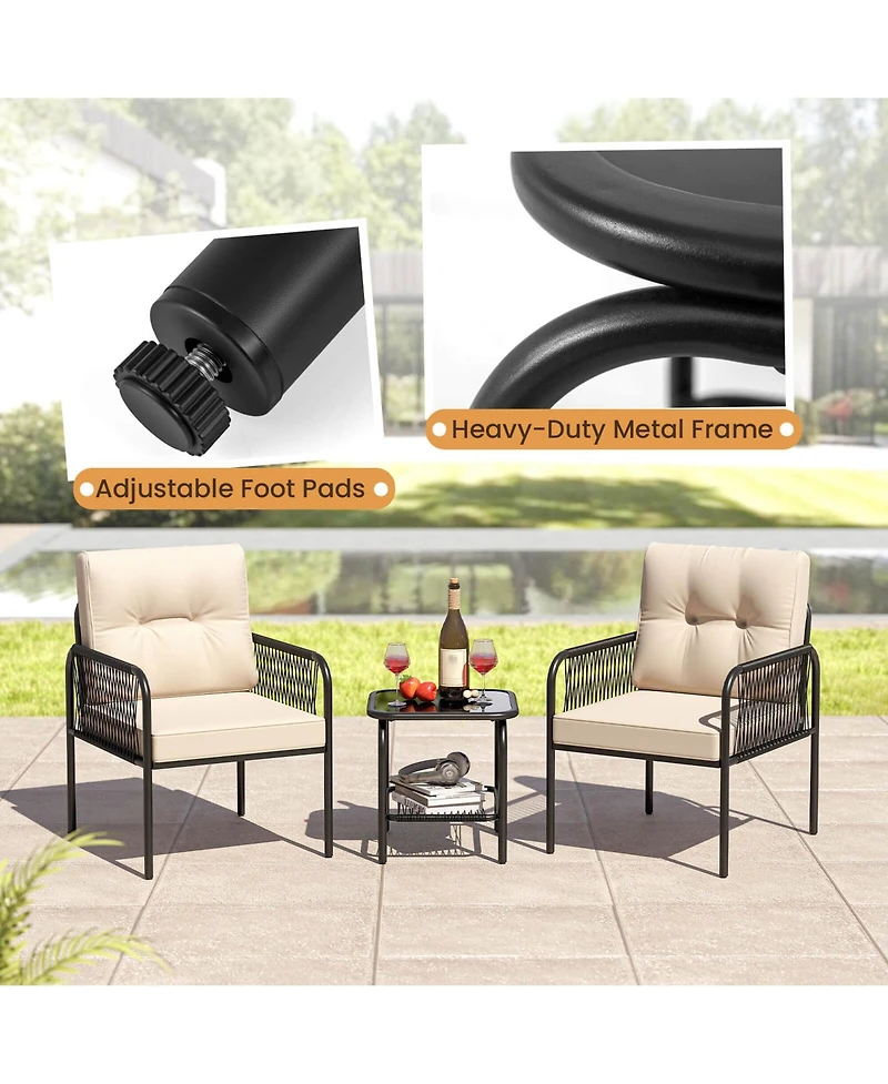 3 Pcs Patio Bistro Set with Tempered Glass Table Chairs Back and Seat Cushions