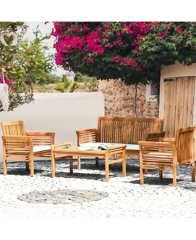 Costway Pcs Outdoor Acacia Wood Sofa Furniture Set Cushioned Chair Coffee Table Garden