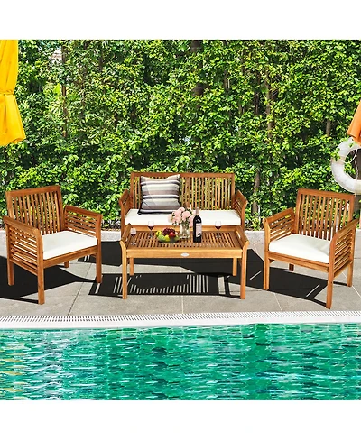 Costway Pcs Outdoor Acacia Wood Sofa Furniture Set Cushioned Chair Coffee Table Garden