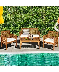 Costway Pcs Outdoor Acacia Wood Sofa Furniture Set Cushioned Chair Coffee Table Garden