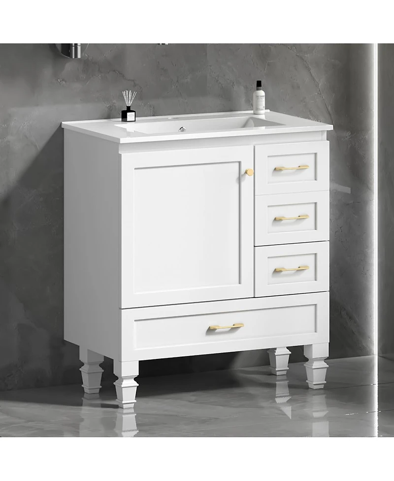Sillysis Modern Bathroom Vanity with Sink, Transitional Mdf Cabinet, Ample Soft Close Storage, 1 Door 3 Drawers for Stylish Bathrooms