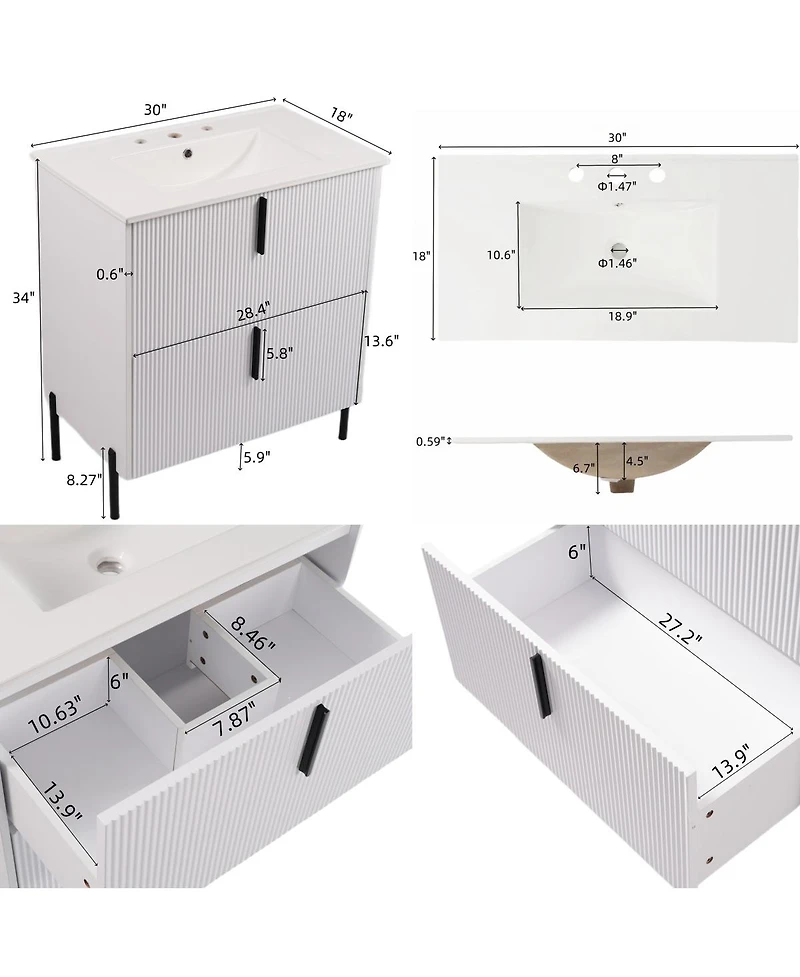 Sillysis 30" Bathroom Vanity with Sink, Modern Fluted Mdf Cabinet, Full-Extension Soft Close Drawers for Small Spaces