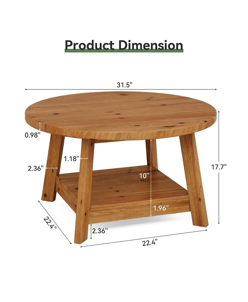 Tribesigns Solid Wood Round Coffee Table for Living Room, 31.5” Farmhouse Wooden 2-Tier Circle Center Cocktail Accent Table