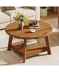 Tribesigns Solid Wood Round Coffee Table for Living Room, 31.5” Farmhouse Wooden 2-Tier Circle Center Cocktail Accent Table