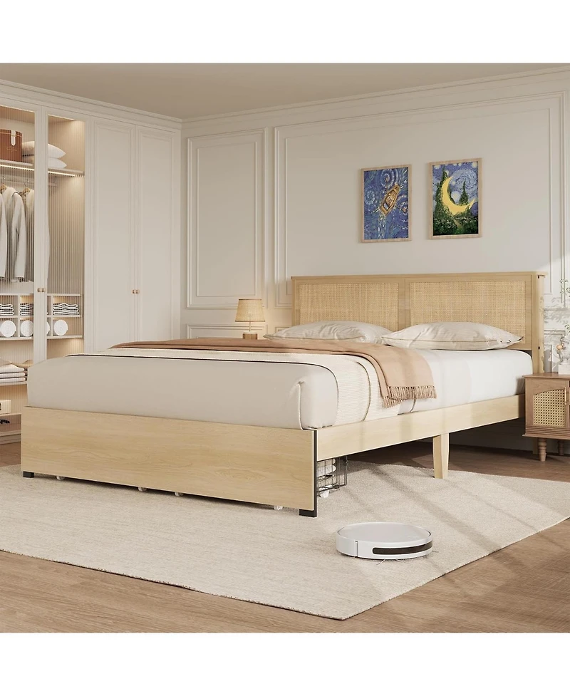 gaomon Queen Platform Bed Rattan Headboard Led Storage Baskets Farmhouse Metal Frame Noise-Free Wooden Slats No Box Spring