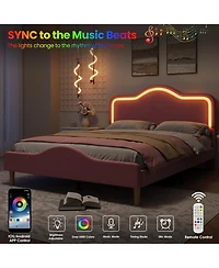 gaomon Upholstered Princess Platform Bed Frame with Rgb Led Lights, Adjustable Velvet Headboard, Wooden Slat Support
