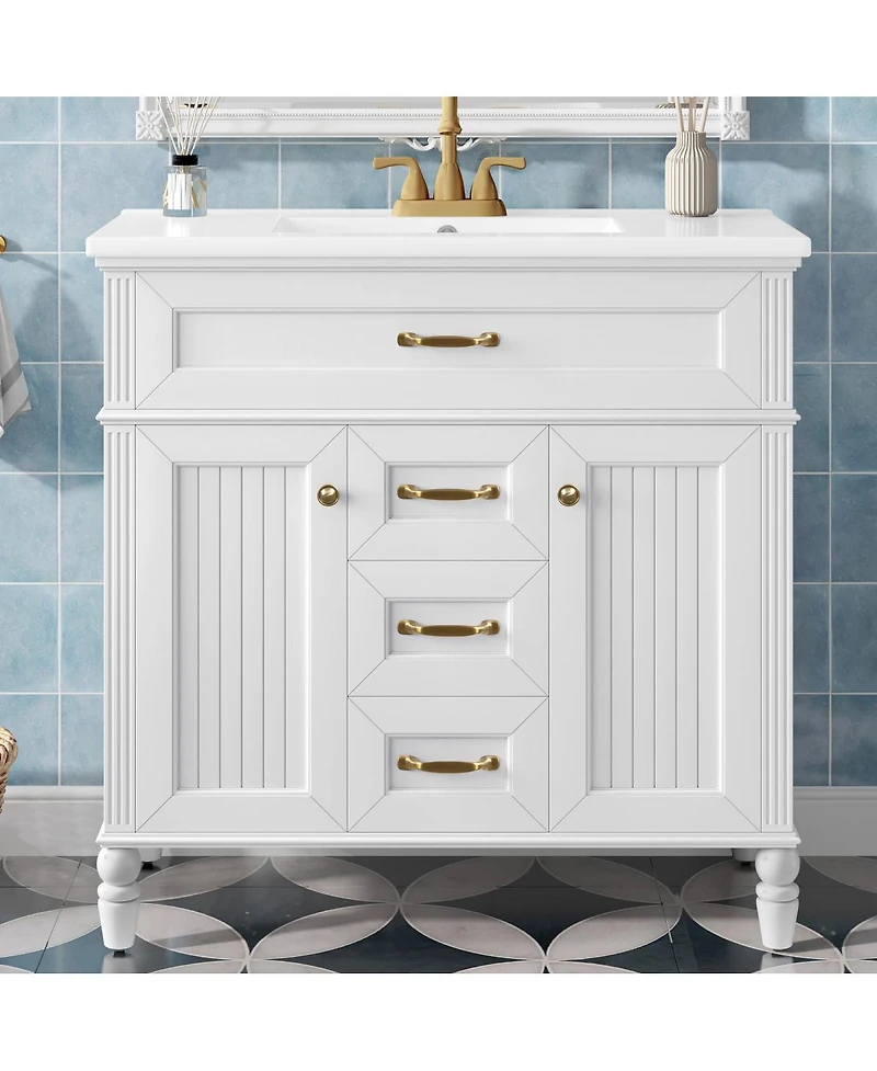 Sillysis 36" Bathroom Vanity with Ceramic Sink, Flip-Out Drawer, Soft Close Doors & Storage Drawers for Modern Bathrooms