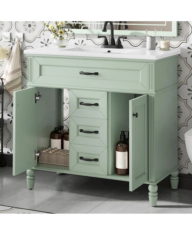 Sillysis 36" Bathroom Vanity with Ceramic Sink, Flip-Out Drawer, Soft Close Doors & Storage Drawers for Modern Bathrooms