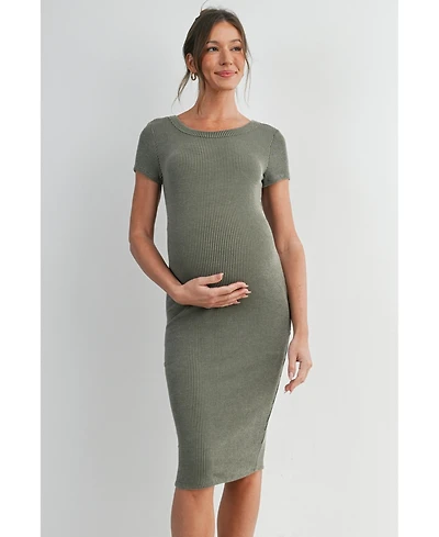 Hello Miz Women's Maternity Bodycon Ribbed Knit Short Sleeve Midi Dress