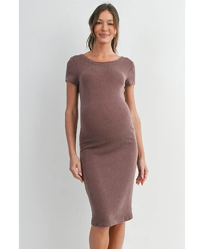 Hello Miz Women's Maternity Bodycon Ribbed Knit Short Sleeve Midi Dress