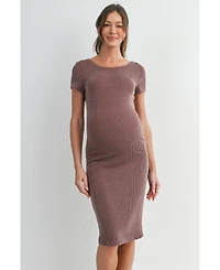 Hello Miz Women's Maternity Bodycon Ribbed Knit Short Sleeve Midi Dress