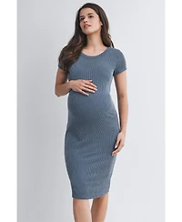 Hello Miz Women's Maternity Bodycon Ribbed Knit Short Sleeve Midi Dress