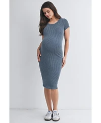Hello Miz Women's Maternity Bodycon Ribbed Knit Short Sleeve Midi Dress