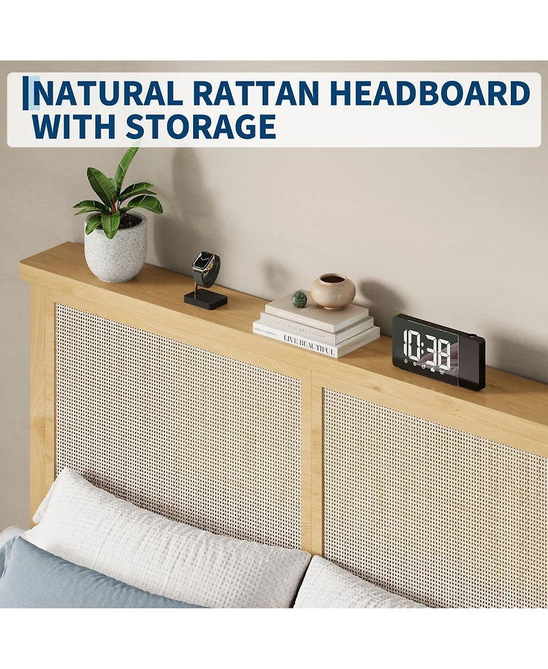 gaomon Rattan Bed Frame with Solid Wood Foundation & Natural Rattan Headboard and Led Lights