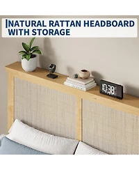 gaomon Rattan Bed Frame with Solid Wood Foundation & Natural Rattan Headboard and Led Lights