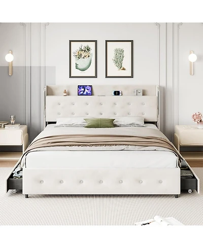 gaomon Queen Upholstered Platform Bed Frame with 4 Storage Drawers and Diamond Tufted Headboard- Wooden Slats- No Box Spring Needed