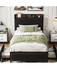 gaomon Bed Frame 2 Storage Drawers Charging Station Linen Upholstered Platform Headboard Heavy Duty Noise Free No Box Spring