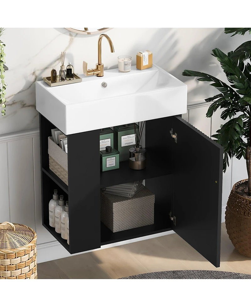 Sillysis Floating Bathroom Vanity with Ceramic Sink, Left Side Storage, Soft Close, Modern Wall Mounted Cabinet for Small Spaces