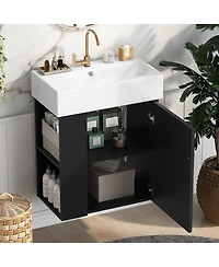 Sillysis Floating Bathroom Vanity with Ceramic Sink, Left Side Storage, Soft Close, Modern Wall Mounted Cabinet for Small Spaces