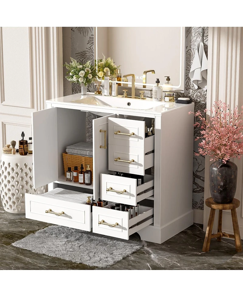 Sillysis Traditional Bathroom Vanity with Ceramic Sink, Soft Close Doors & 4 Drawers, Ample Storage Cabinet for Main Bathrooms