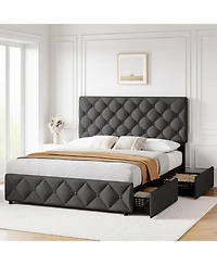 gaomon King Bed Frame 4 Storage Drawers Adjustable Headboard Upholstered Platform Diamond Tufted Easy Assembly No Box Spring