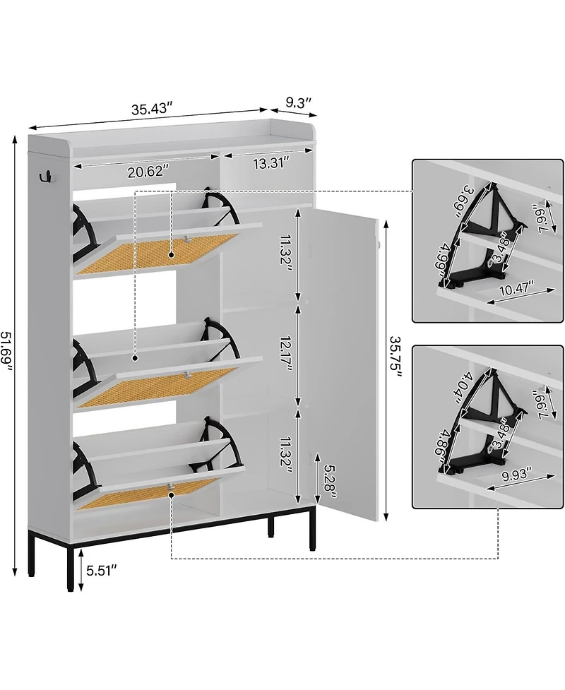 gaomon Shoe Cabinet with 3 Flip-out Drawers Natural Rattan Freestanding Shoe Organizer with 4 Open Shelves Side Cabinet Hidden Wood Shoe Rack