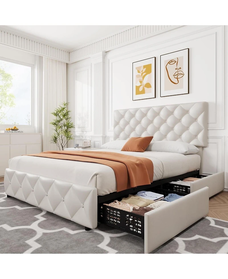 gaomon Queen Bed Frame 4 Storage Drawers Adjustable Headboard Faux Leather Upholstered Diamond Tufted No Box Spring