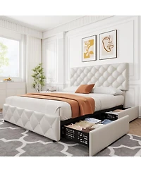 gaomon Queen Bed Frame 4 Storage Drawers Adjustable Headboard Faux Leather Upholstered Diamond Tufted No Box Spring