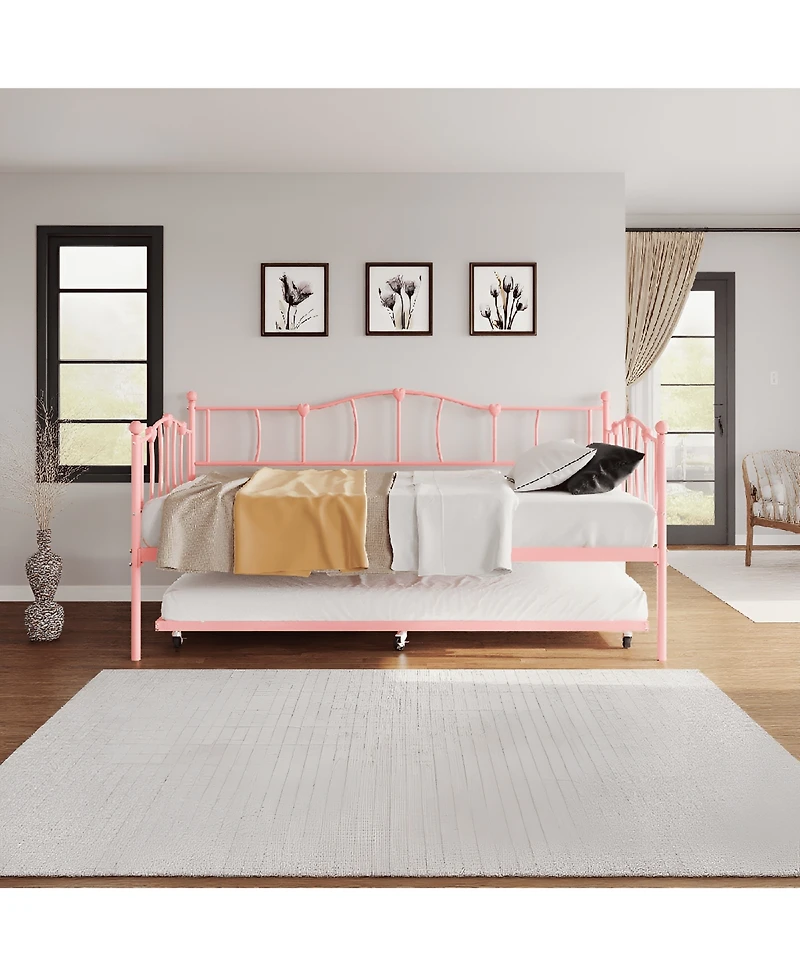 gaomon Metal Daybed Frame with Trundle Heart Design Noise Free Platform Sofa Bed Steel Slats Space-Saving.