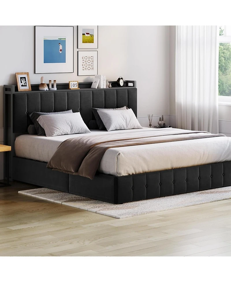 gaomon King Bed Frame Lift-Up Storage Upholstered Velvet Tufted Headboard Metal Frame Wooden Slats No Box Spring