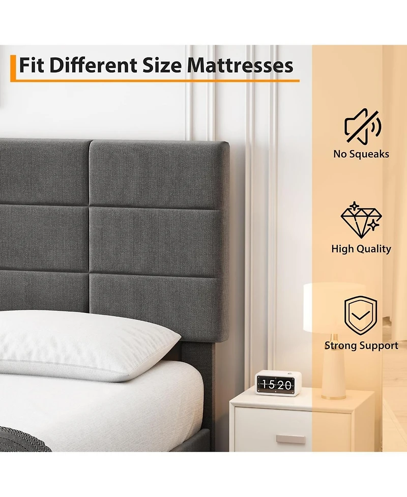 gaomonUpholstered Platform Bed Frame with 12-Panel Padded Headboard, Linen Fabric, Wood Slats Support, No Box Spring Needed, Quiet Structure