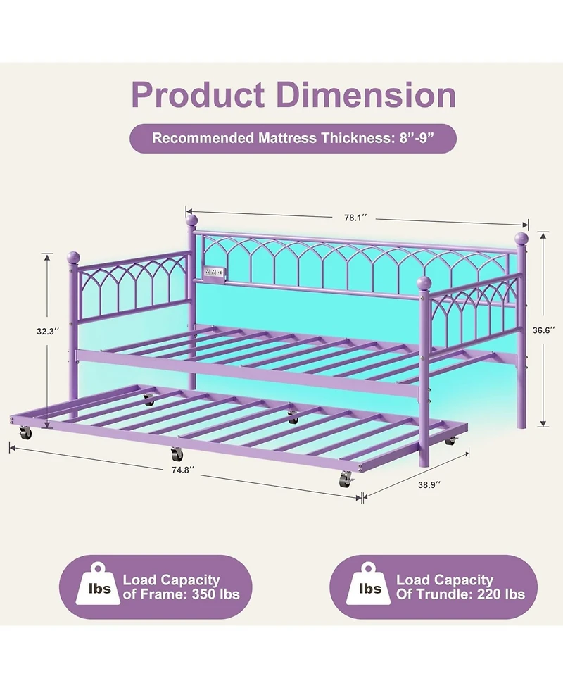 gaomon Daybed with Trundle, Metal Twin Trundle Bed with Charging Station & Led Lights, Sofa Beds Frame with Pull Out Bed for Living Room, Guest Room.