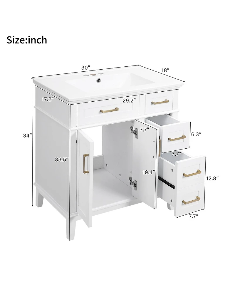Sillysis 30" Bathroom Vanity with Ceramic Sink, Modern Storage Cabinet 2 Soft-Close Doors & Deep Drawer for Small Bathrooms