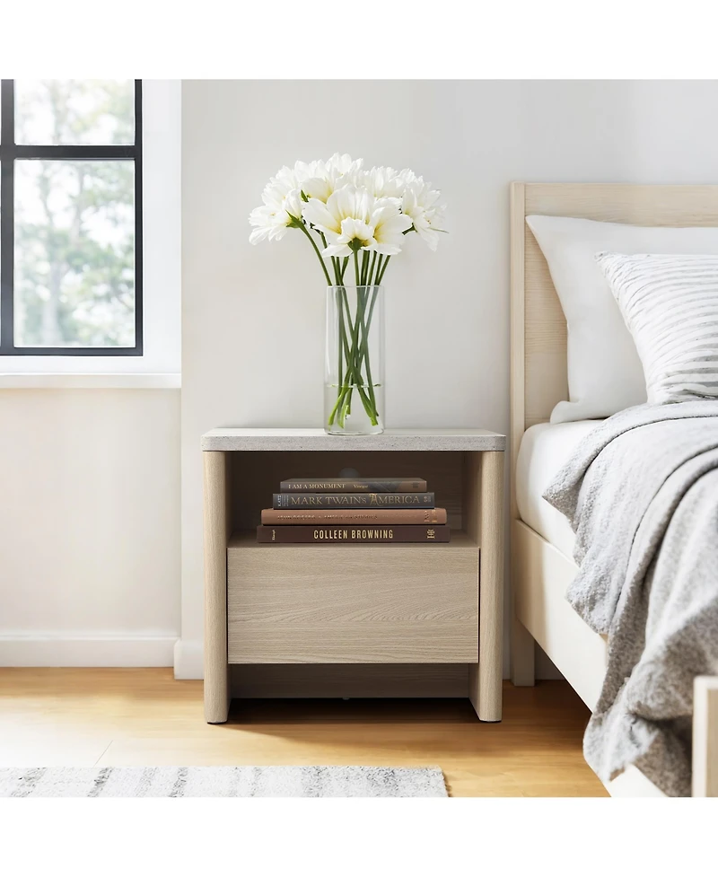 LuxenHome Snowy Oak Nightstand & End Table with Storage, Faux Travertine Top, Durable Manufactured Wood