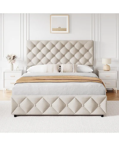 gaomon Queen Bed Frame 4 Storage Drawers Adjustable Headboard Upholstered Platform Diamond Tufted Easy Assembly No Box Spring