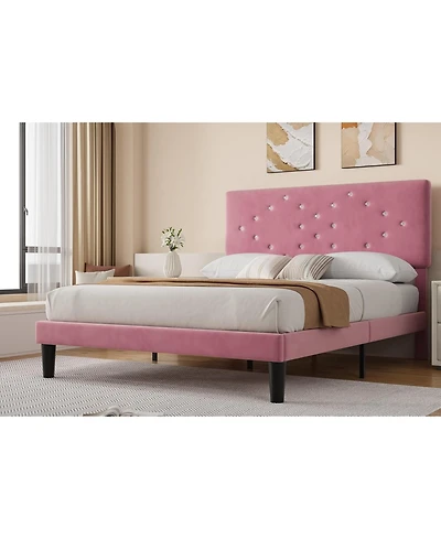 gaomon Bed Frame Upholstered Platform Button Tufted Headboard Under-Bed Storage Wooden Slats Noise Free No Box Spring