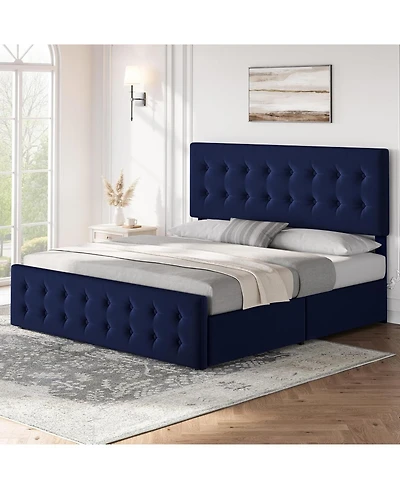 gaomon Bed Frame Adjustable Headboard 4 Drawers Velvet Upholstered Platform Button Tufted Wooden Slats No Box Spring