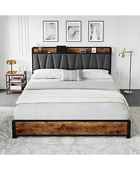 gaomon Linen Upholstered Platform Bed 4 Drawers Charging Station Vintage Headboard Wooden Slats No Box Spring Easy Assembly